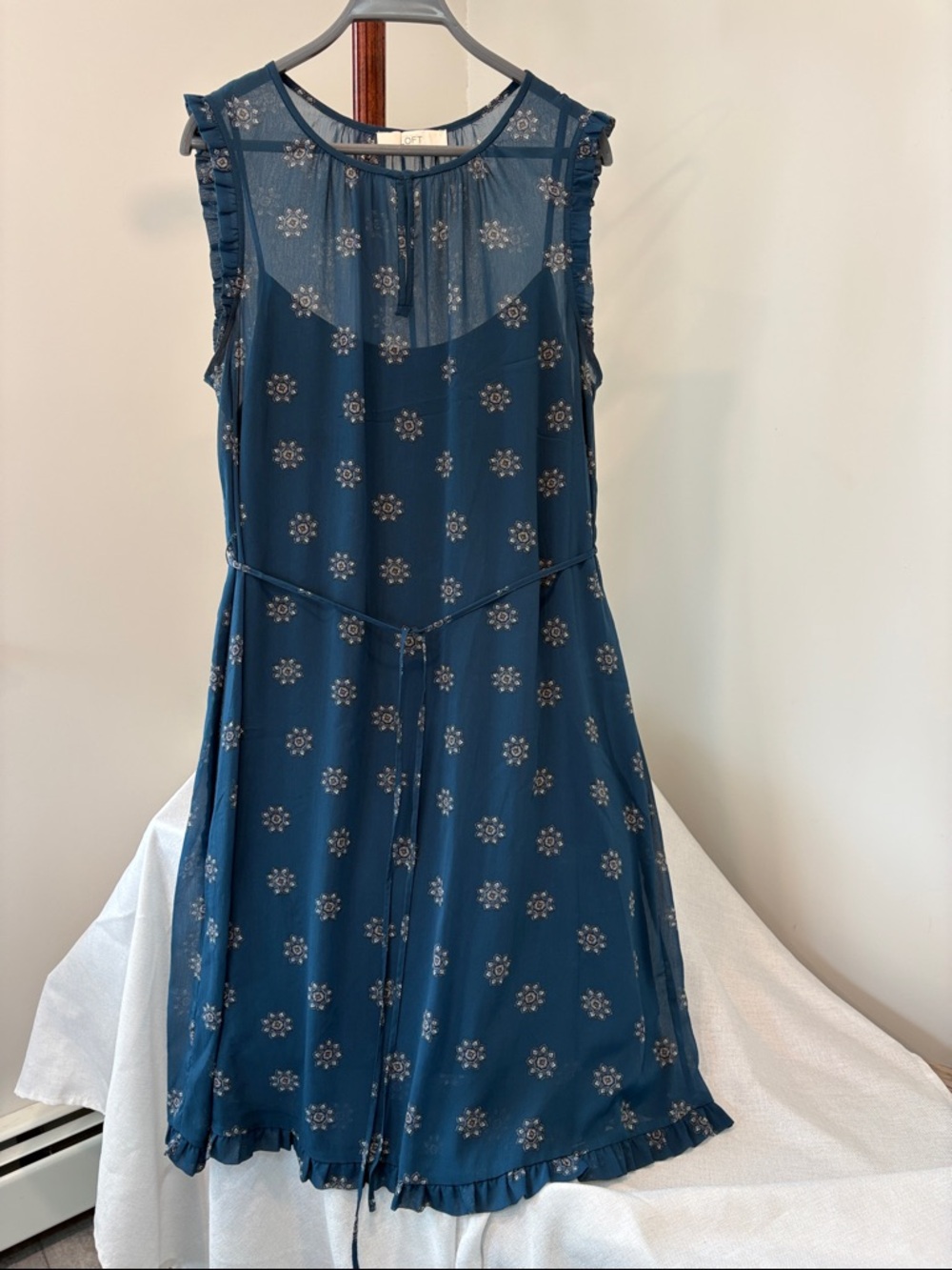 Loft Teal Floral Sleeveless Dress with Ruffle Trim